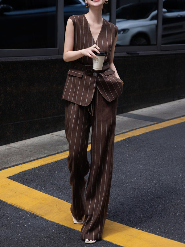 Women’s Linen Two-Piece Set – Striped Sleeveless Top & Wide-Leg Pants, Old Money Style