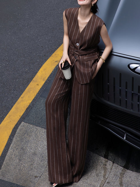 Women’s Linen Two-Piece Set – Striped Sleeveless Top & Wide-Leg Pants, Old Money Style