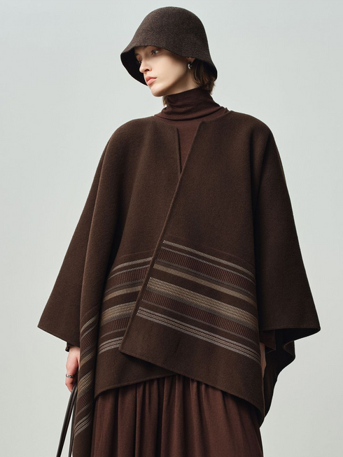 Women's Chestnut Brown Embroidered Minimalist Wool Double-Faced Cashmere Cape Coat – One-Piece Design