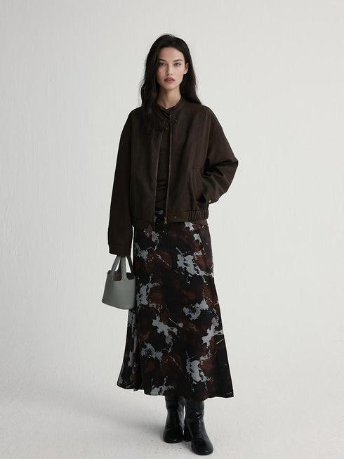 Marble Print Side Slit A-Line Skirt | Elastic Waist Long Midi Skirt