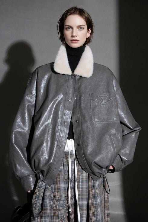 Luxury Sheepskin Down Jacket – Short Oil-Wax Leather Coat with Mink Fur Collar & Goose Down Fill, Winter Outerwear