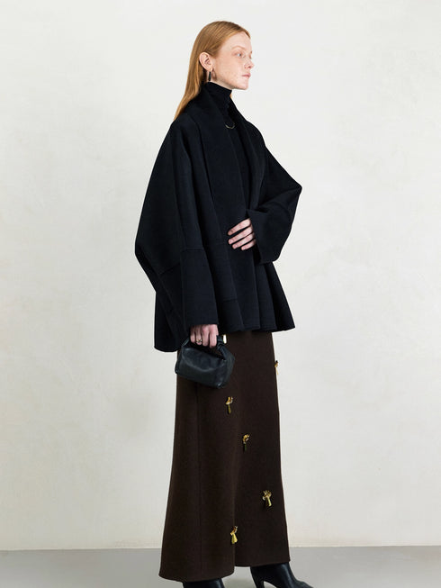 French Holiday Style Beaded Bias-Cut Wool Midi Skirt for Women – Slimming A-Line Design