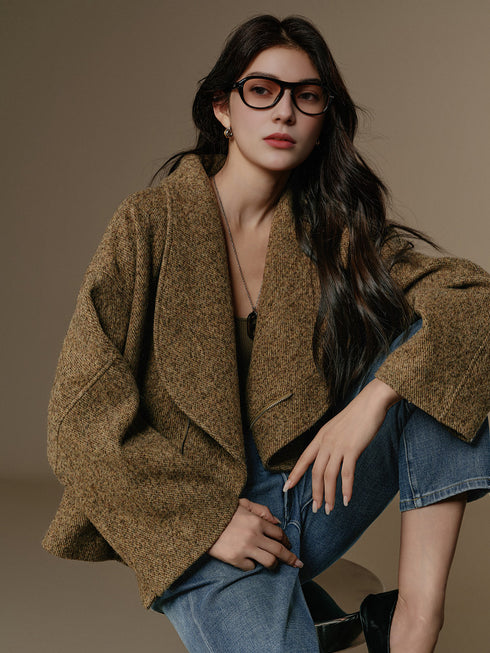 Women's Wool Tweed-Effect Coat with Sculptural Lapel and Asymmetric Front Closure – Structured Winter Overcoat