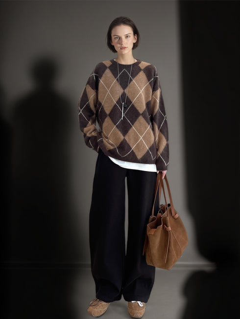 Women’s Wool Cashmere Argyle Knit Sweater | Loose Fit British Style Pullover for Fall Winter