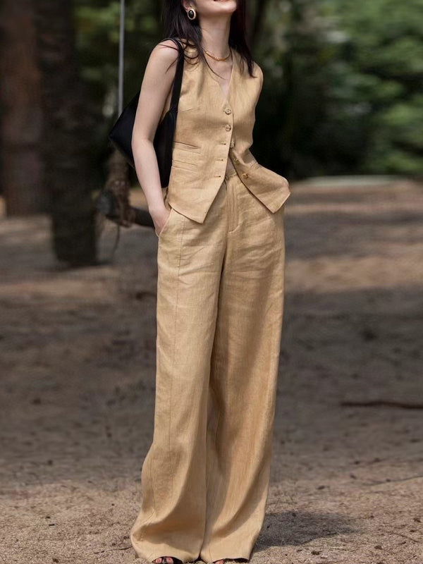 Women’s Summer Linen Two-Piece Set – Minimalist Vest & Wide-Leg Pants, Elegant Commuter Style