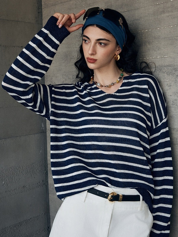 Old Money Breton Knit Top – Japanese Washi Cotton Blend Round/V-Neck Lightweight Sweater