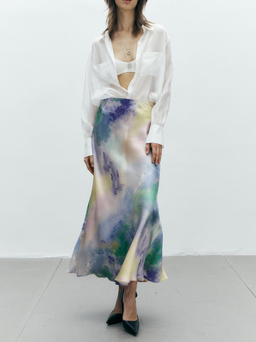 French Ombre Print Mulberry Silk A-Line Skirt – High-Waisted Satin Design