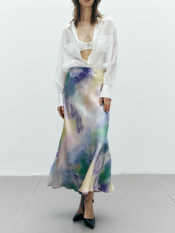 French Ombre Print Mulberry Silk A-Line Skirt – High-Waisted Satin Design