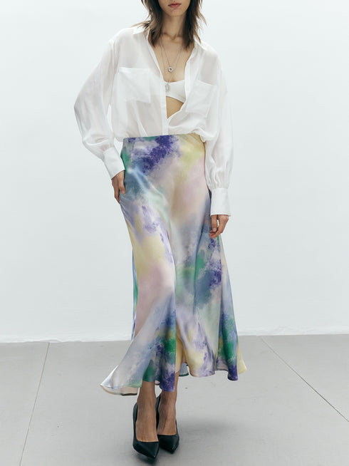 French Ombre Print Mulberry Silk A-Line Skirt – High-Waisted Satin Design