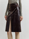 European Vegetable-Tanned Oiled Sheepskin Pencil Skirt | Split Hem Cross-Panel Leather Midi Skirt