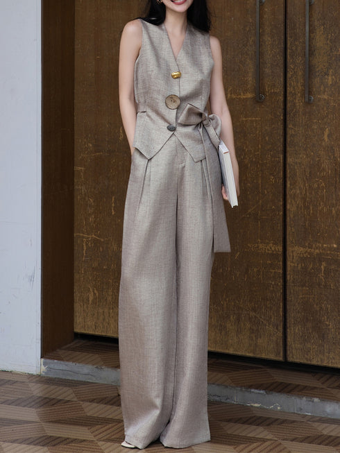 Women’s Linen Two-Piece Set – Sleeveless Vest Top & Wide-Leg Pants, Casual Chic Outfit