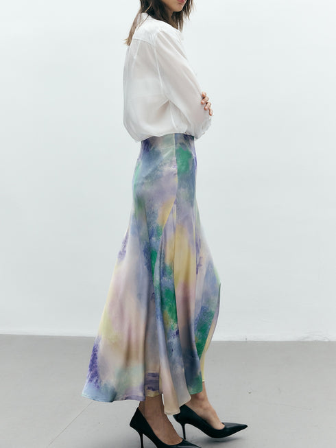 French Ombre Print Mulberry Silk A-Line Skirt – High-Waisted Satin Design