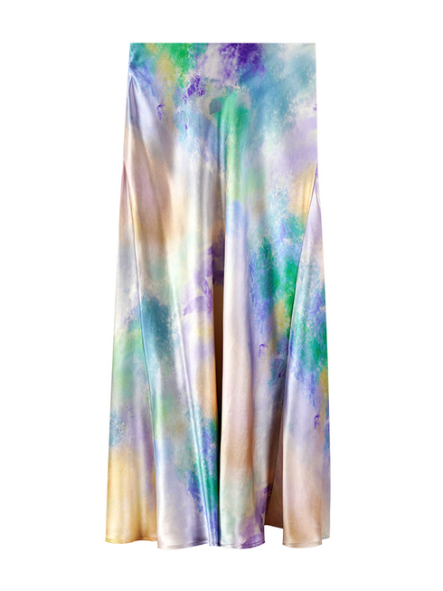 French Ombre Print Mulberry Silk A-Line Skirt – High-Waisted Satin Design