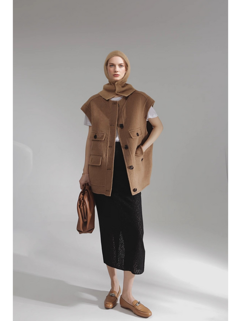 Luxury Camel Hair Vest for Women – Reversible Wool Gilet Winter Sleeveless Coat