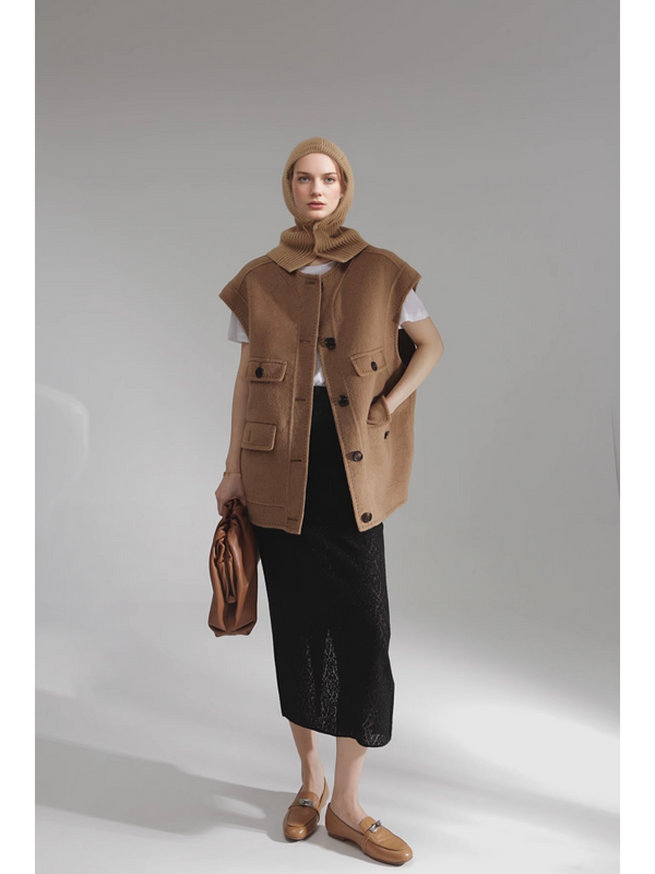 Luxury Camel Hair Vest for Women – Reversible Wool Gilet Winter Sleeveless Coat