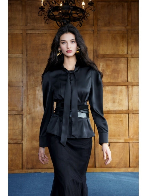 Women’s Luxury Satin Shirt – Floating Collar, Waist-Cinching Long Sleeve, Double-Faced Fabric