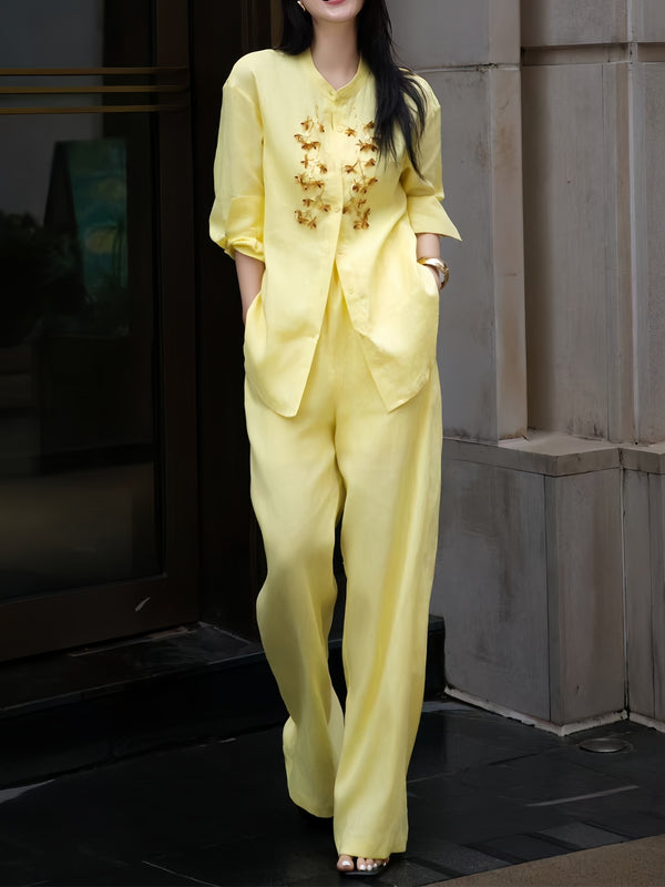 Linen Hand-Beaded Shirt + Pants Old Money Style Two-Piece Set