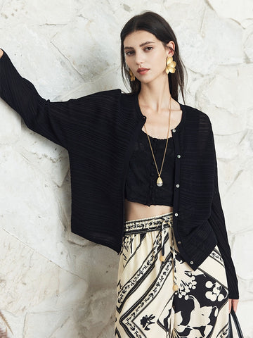 Old Money Relaxed Cardigan – Airy Crinkle 16-Gauge Slimming Batwing Sleeve