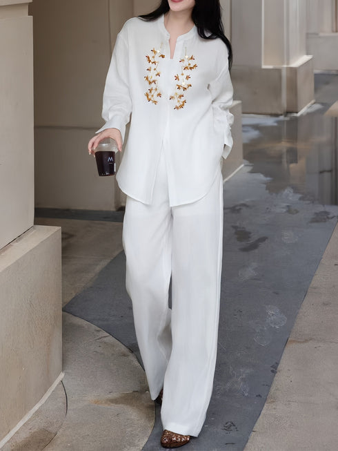 Linen Hand-Beaded Shirt + Pants Old Money Style Two-Piece Set
