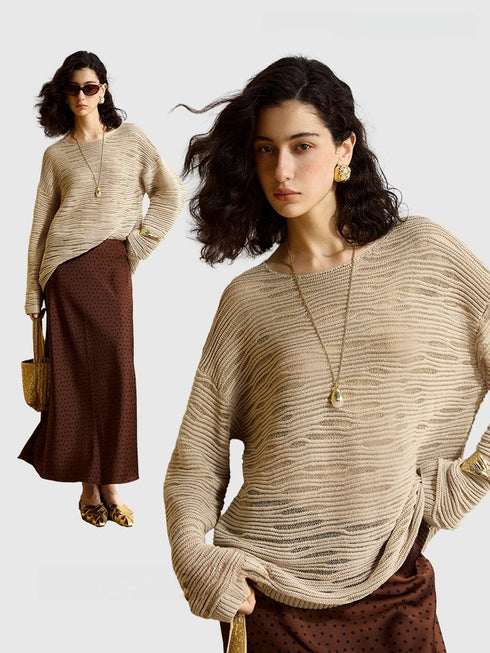 Autumn Breathable Top – Embossed Diamond Glitter Hollow-Knit Knitwear