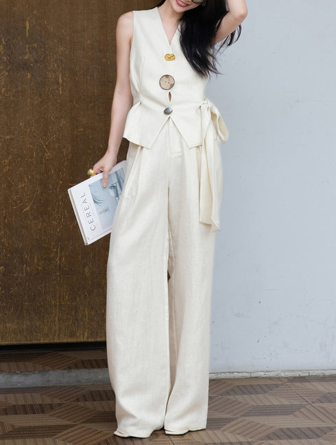 Women’s Linen Two-Piece Set – Sleeveless Vest Top & Wide-Leg Pants, Casual Chic Outfit