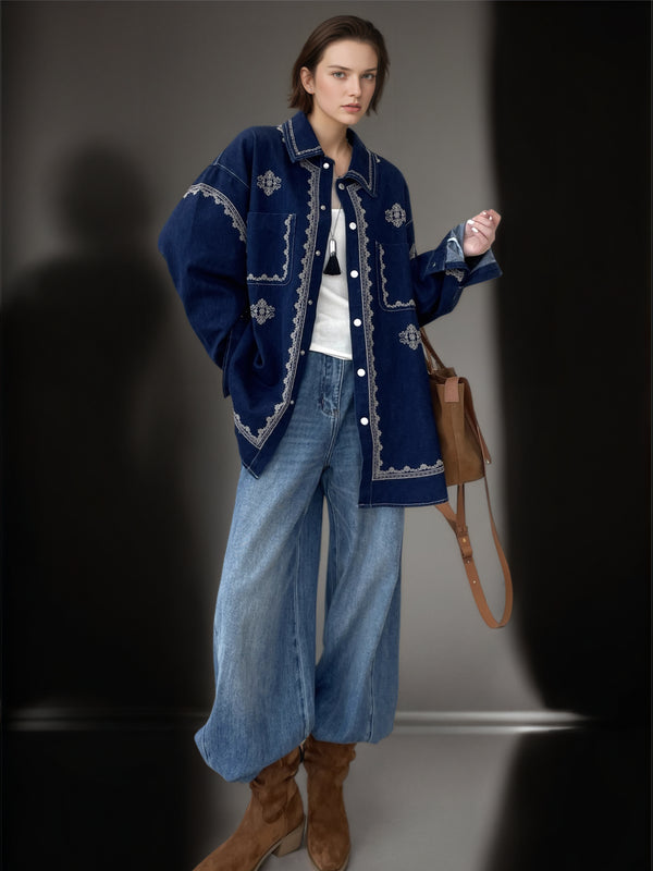 Women’s Vintage Embroidered Cotton Shirt Jacket | Enzyme-Washed Heavy Cotton Overshirt in Exclusive Custom Color