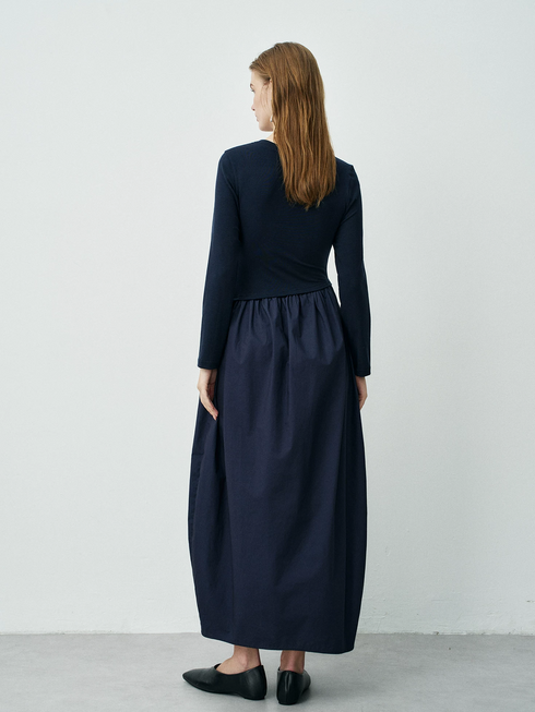 Women's Minimalist Smart-Style Long-Sleeve T-Shirt Dress with Cotton-Feel Panels – Elegant Maxi Bubble Skirt