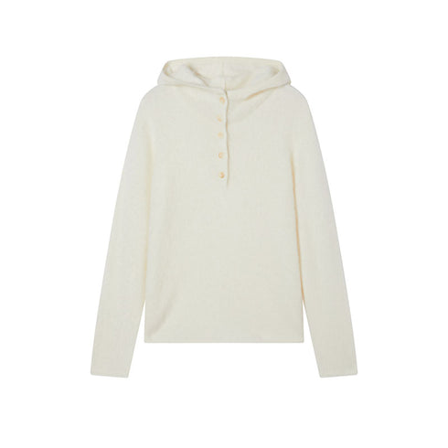 Cashmere Wool Brushed Hoodie Sweater | Henley-Neck Relaxed Fit Soft Cloud-Knit Pullover