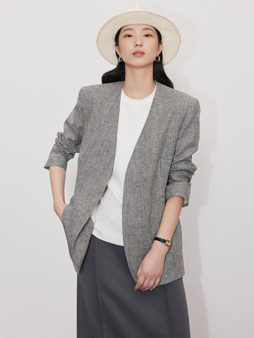 Old Money Minimalist Linen Blazer | Oversized Structured Grey Jacket for Women's Commuter Casual Style