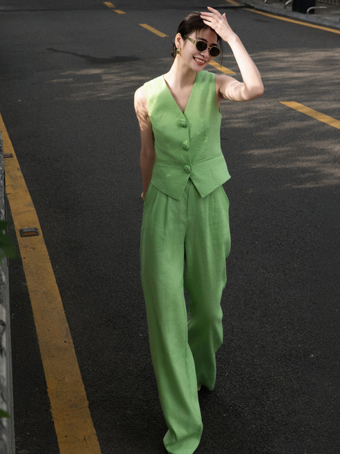 Women’s Linen Two-Piece Set – Rose Button Vest Top & Wide-Leg Pants, Casual Old Money Style