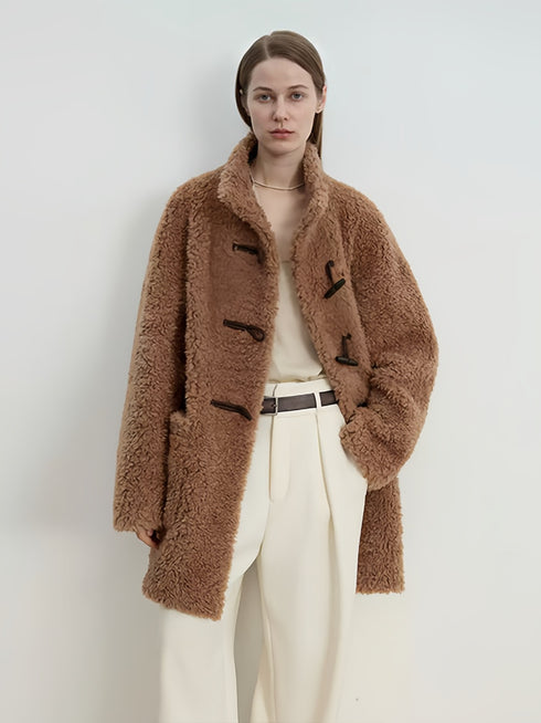 Ragoon-Style Curly Shearling Wool Coat for Women – Mid-Length Faux Shearling Jacket with Toggle Closure and Stand Collar