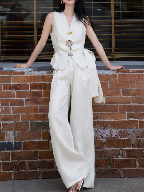 Women’s Linen Two-Piece Set – Sleeveless Vest Top & Wide-Leg Pants, Casual Chic Outfit