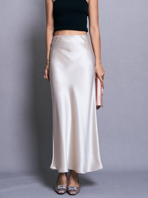 Japanese Triacetate Satin A-Line Skirt – Elegant Drape with Diagonal Cut