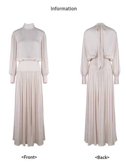 French-Style Satin Ruched Long-Sleeve Maxi Dress for Women – Elegant Pleated Evening-Inspired Fall Outfit