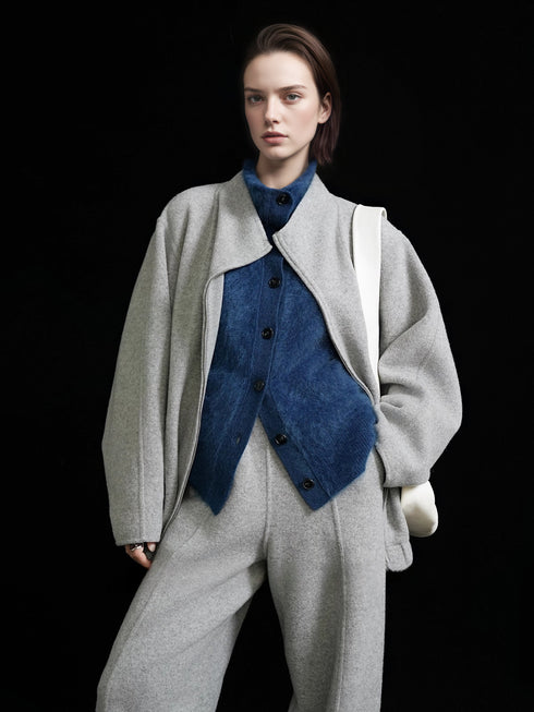 Premium Brushed Cashmere 100% Stand-Collar Button Cardigan for Women