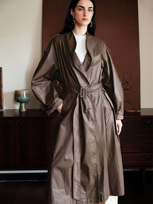 Minimalist Plaid Trench Coat – Lightweight Oil-Wax Cotton Coated Poplin Structured Outerwear