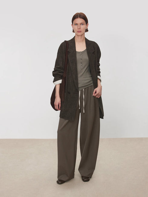 Women's Striped Balloon Pants – Italian Machine-Washable Wool & Linen Blend Elastic Waist Curved Hem Trousers