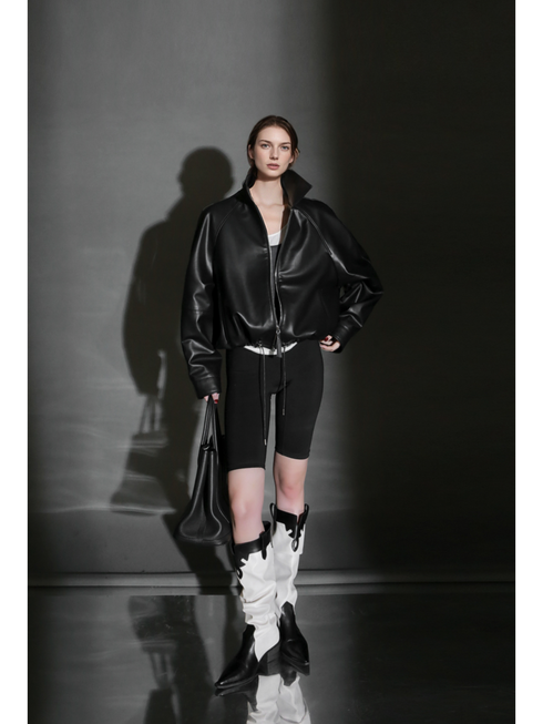 Women’s Short Moto Leather Jacket with Small Notch Collar and Cinched Hem – Spring/Fall Leather Biker Jacket