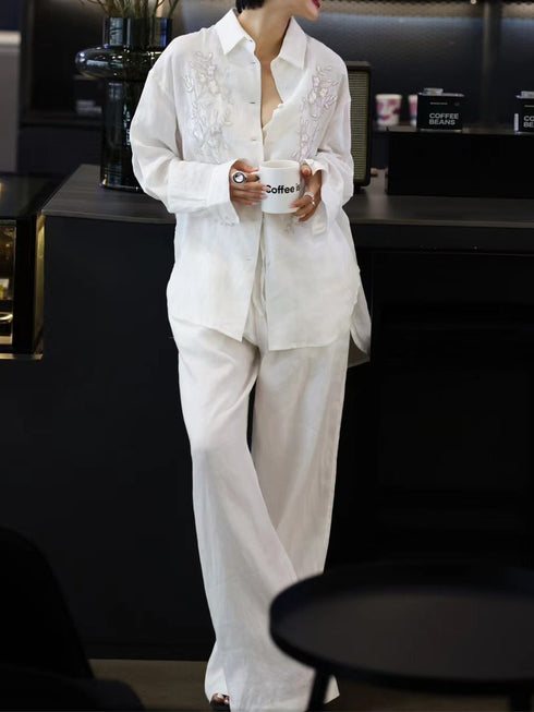High-Fashion Tailored Linen Set – Heavy Embroidery & Beaded Loose Shirt & Wide-Leg Pants Two-Piece