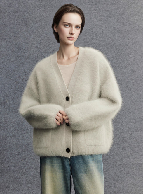 Brushed Merino Wool Knit Sweater | Minimalist Relaxed-Fit Brushed Short Jacket for Women