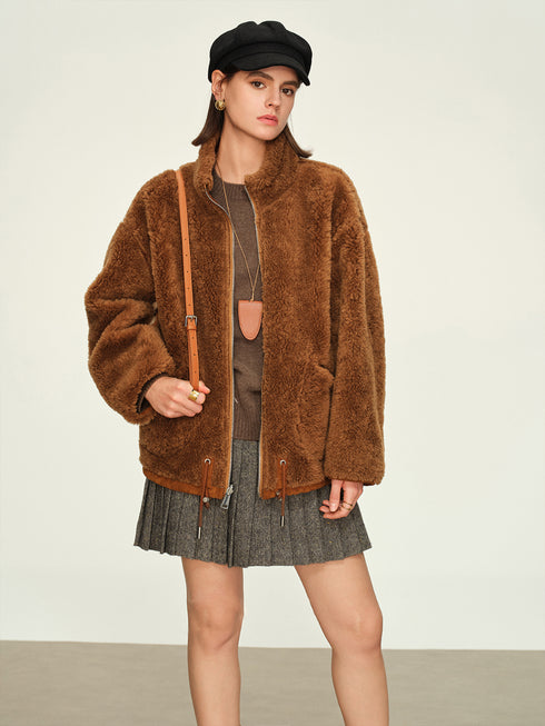 100% Wool-Lined Vintage Brown Faux Suede Jacket – Thick Reversible Shearling-Style Coat for Women
