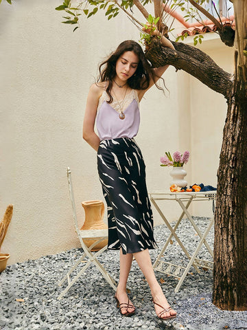 Mulberry Silk Satin Midi Skirt – Retro A-Line High-Waisted Design