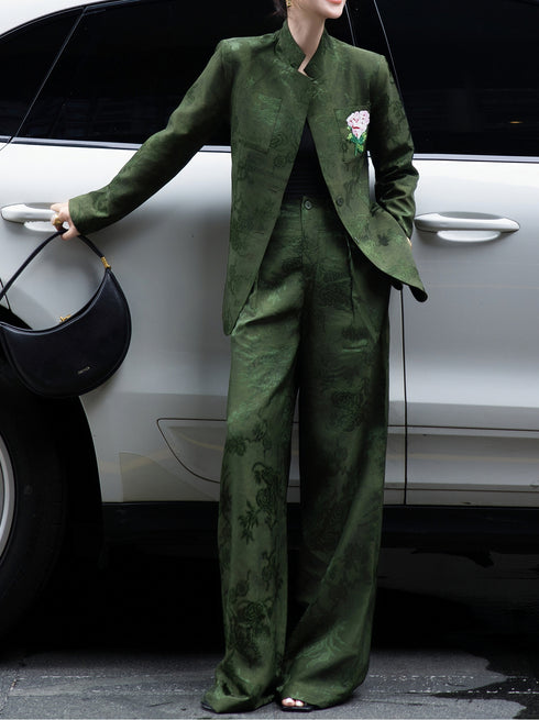 Embroidered Beaded Jacquard Suit Set – Sophisticated Blazer & Wide-Leg Pants