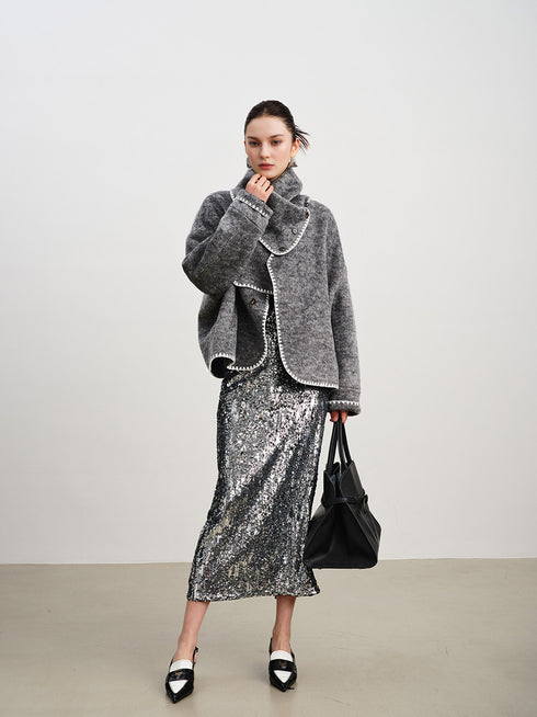Women's Short Wool Reversible Coat | Premium Grey Cashmere Overcoat
