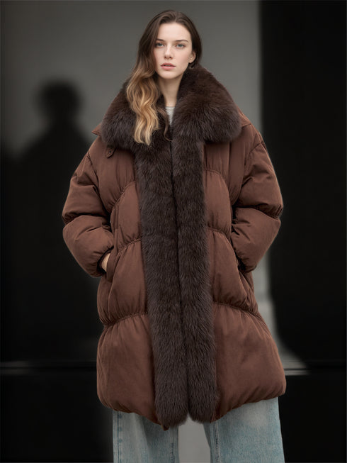 Women’s Mid-Length Down Coat with Fox Fur Hood | 90% White Goose Down Winter Jacket