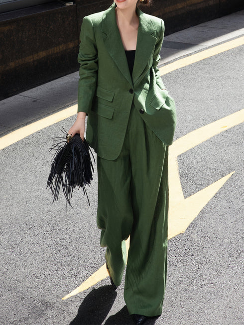 Old Money Style Fashion Set – Autumn 100% Linen Loose Blazer & Wide-Leg Pants for Work