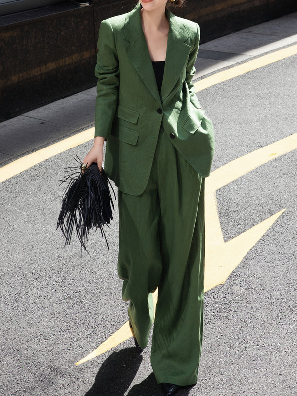 Old Money Style Fashion Set – Autumn 100% Linen Loose Blazer & Wide-Leg Pants for Work