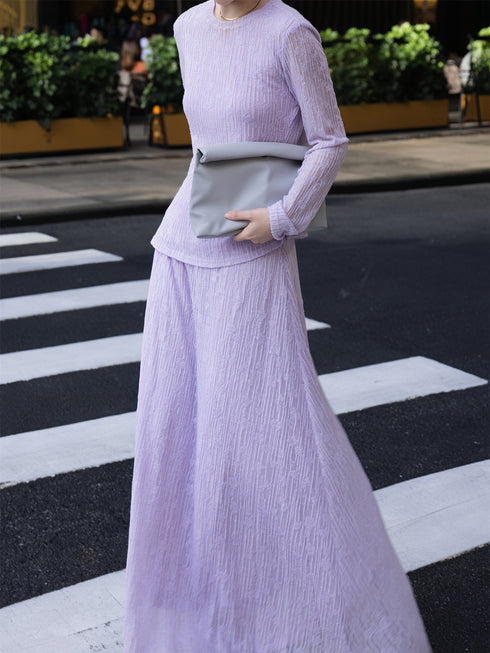 Early Autumn Violet Wool Set – Textured Tweed Top & Skirt Two-Piece