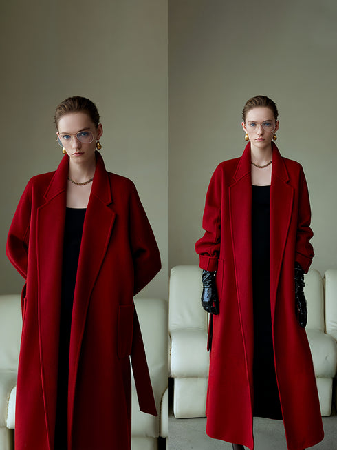 High-End Vintage Christmas Burgundy Double-Faced Wool Coat for Women | Loose Casual Elegant Wool Overcoat
