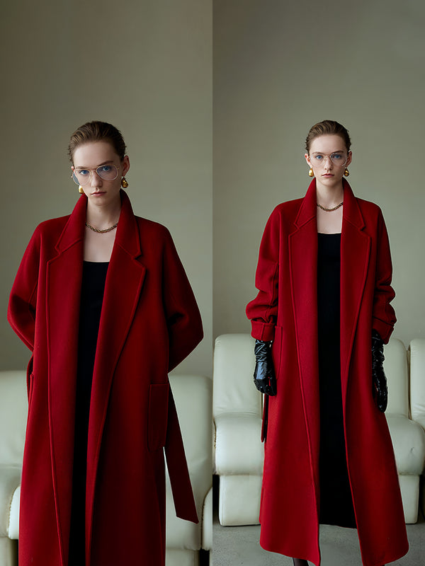 High-End Vintage Christmas Burgundy Double-Faced Wool Coat for Women | Loose Casual Elegant Wool Overcoat
